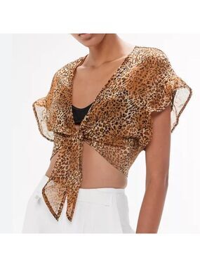 UO Urban Renewal Remnants cotton cropped animal print tie front ruffed top XS